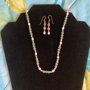 Fresh Water Pearl and Green Glass Bead Necklace 17” length & matching Earrings